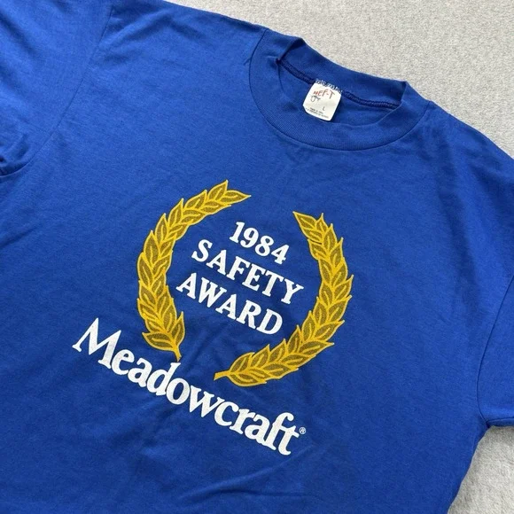 Vintage 1984 Meadowcraft Safety Award‎ T-Shirt Blue L HEF-T Single Stitch USA
